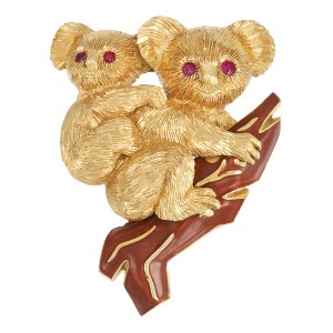 Lot-218-Gold-Ruby-and-Enamel-Koala-Bear-Clip-Brooch-Cartier-France