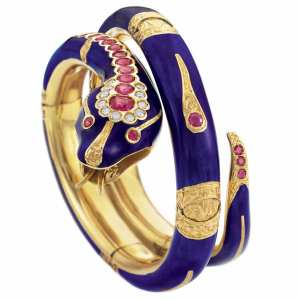Lot-256-Gold-Blue-Enamel-Ruby-and-Diamond-Snake-Bangle-Bracelet