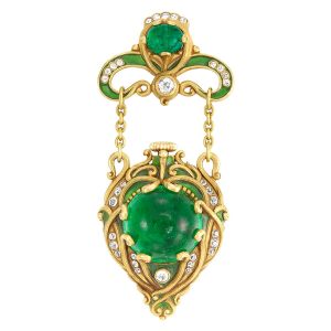 Lot-279-Arts-and-Crafts-Gold-Cabochon-Emerald-Diamond-and-Green-Enamel-Lapel-Watch-Marcus-Co.