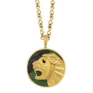 Lot-300-Gold-Nephrite-and-Black-Onyx-Lion-Pendant-Mauboussin-Paris-with-Gold-Chain